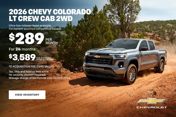 2026 Chevy Colorado LT Crew Cab 2WD. Ultra-low mileage lease example: For qualified lessees with ...